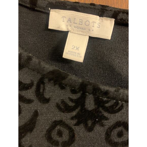 Talbots Blouse 2X Black Velvet Burnout Top Flocked 3/4 Sleeve Witchy Gothic - Picture 2 of 6